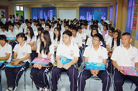 Students from Darasamut School listen intently to anti-drug messages from local city and police officials.